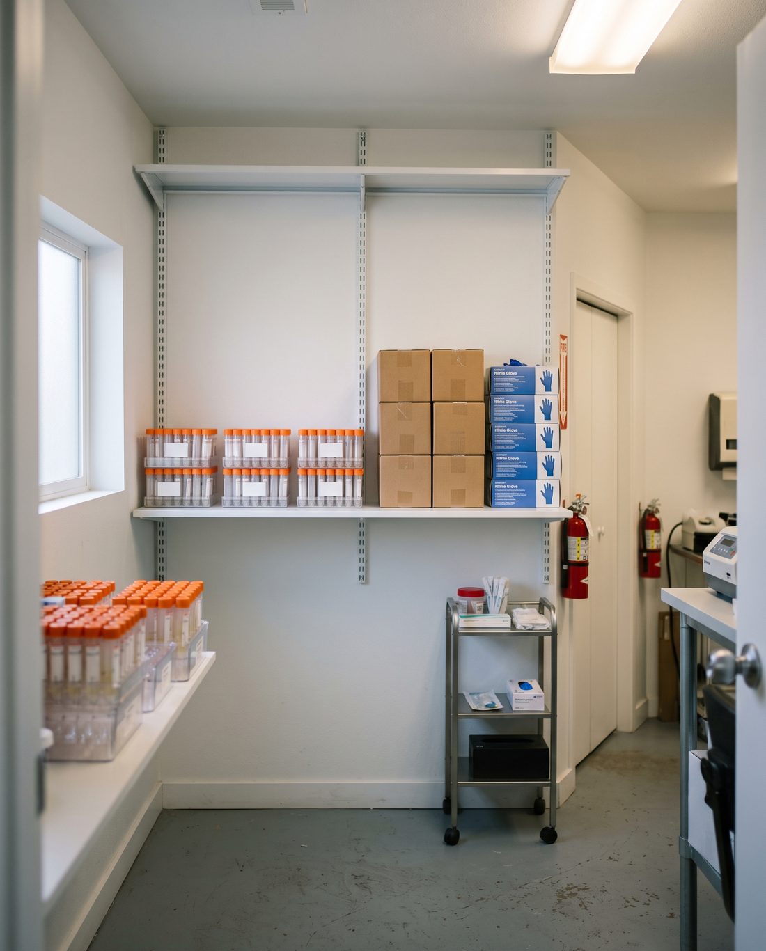A small, organized clinical supply room with open shelving holding labeled specimen tubes and boxes