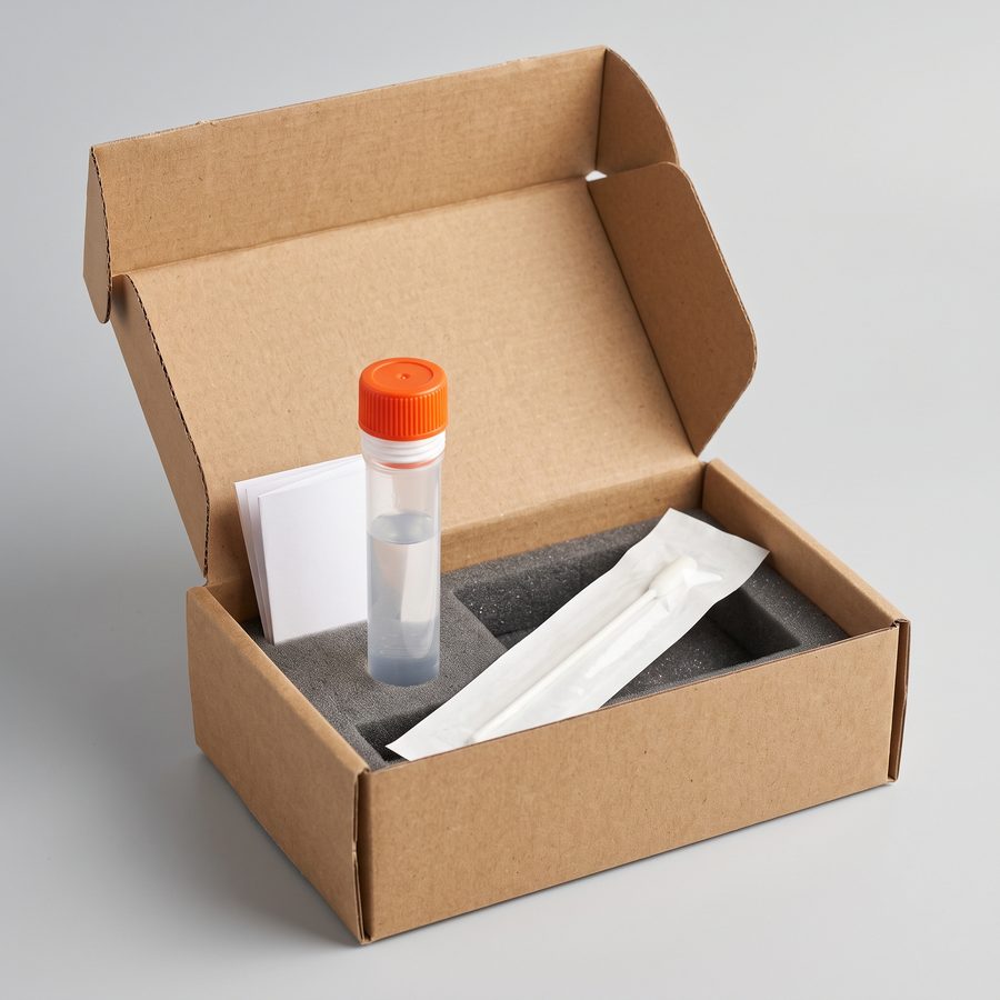 An open, unbranded collection kit box containing a specimen tube with orange cap, a wrapped swab, and an instruction card