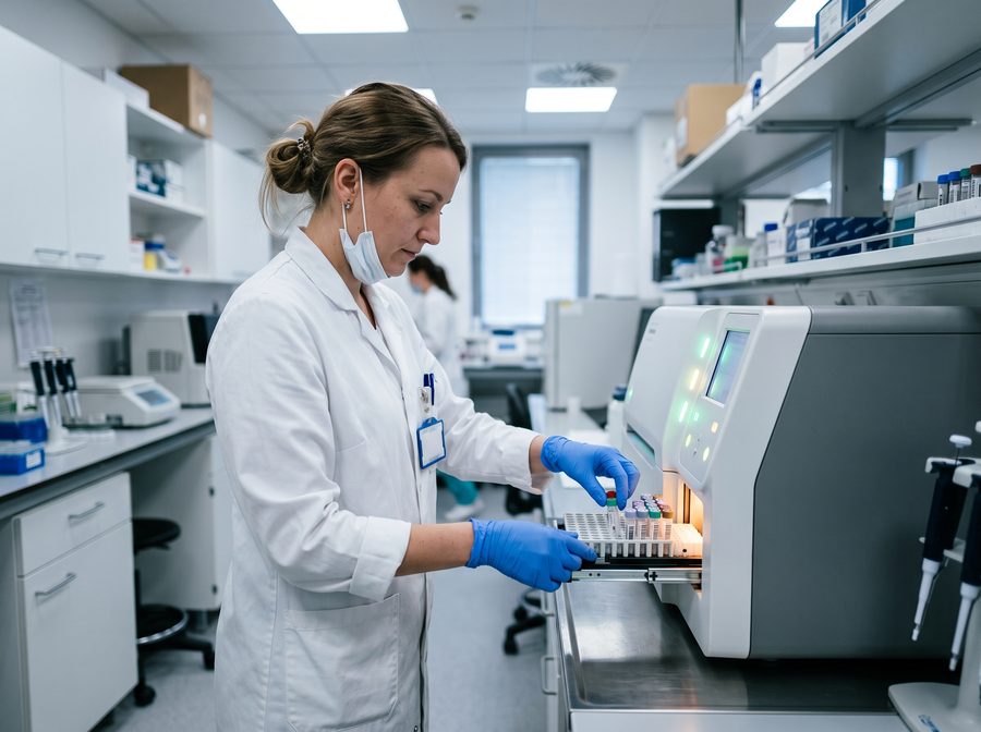 A lab technician loading a rack of specimen tubes into a diagnostic analyzer
