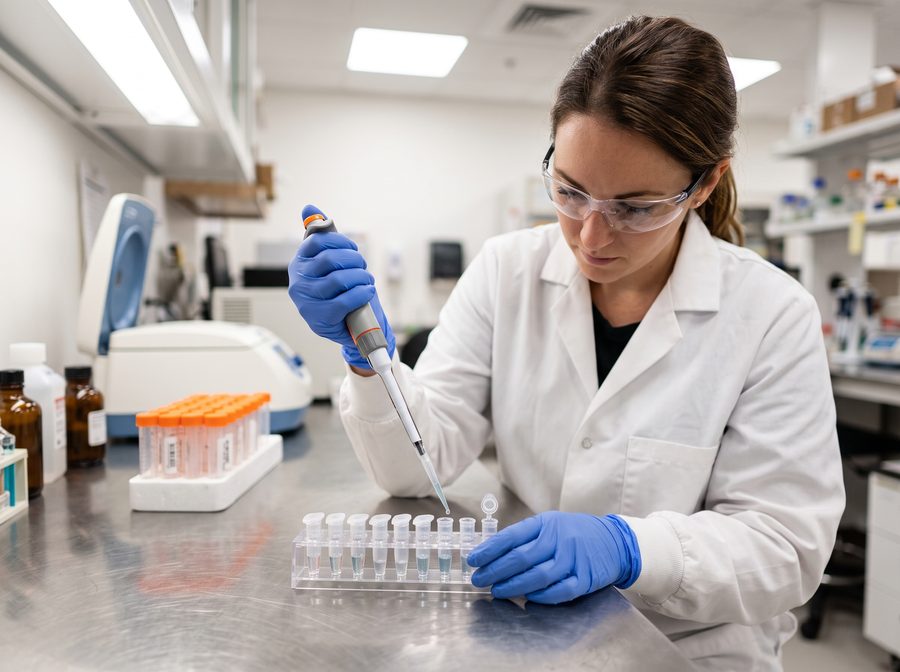A lab technician pipetting samples into a rack of tubes on a lab bench