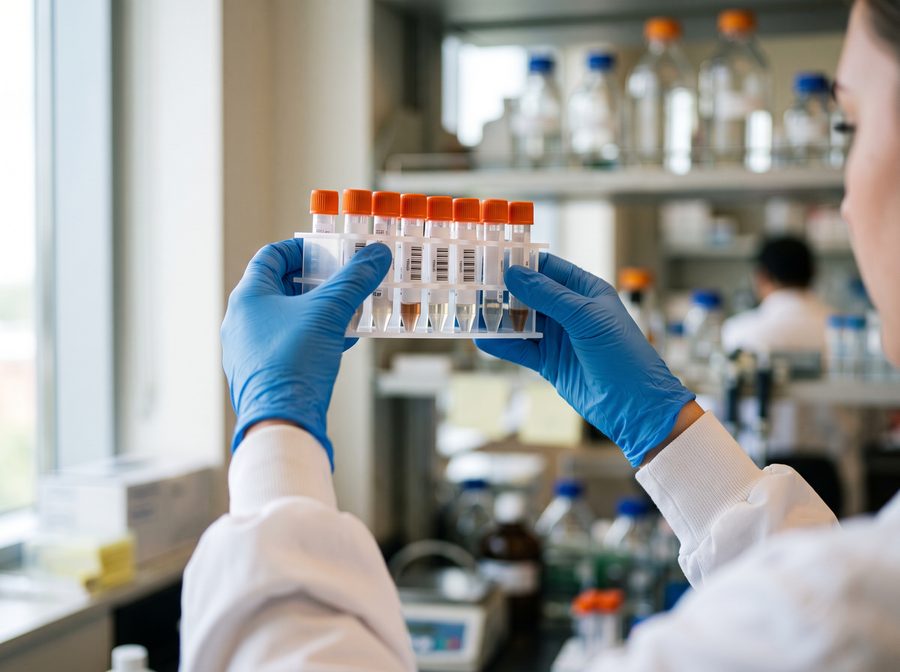 A lab technician inspecting a rack of specimen collection tubes